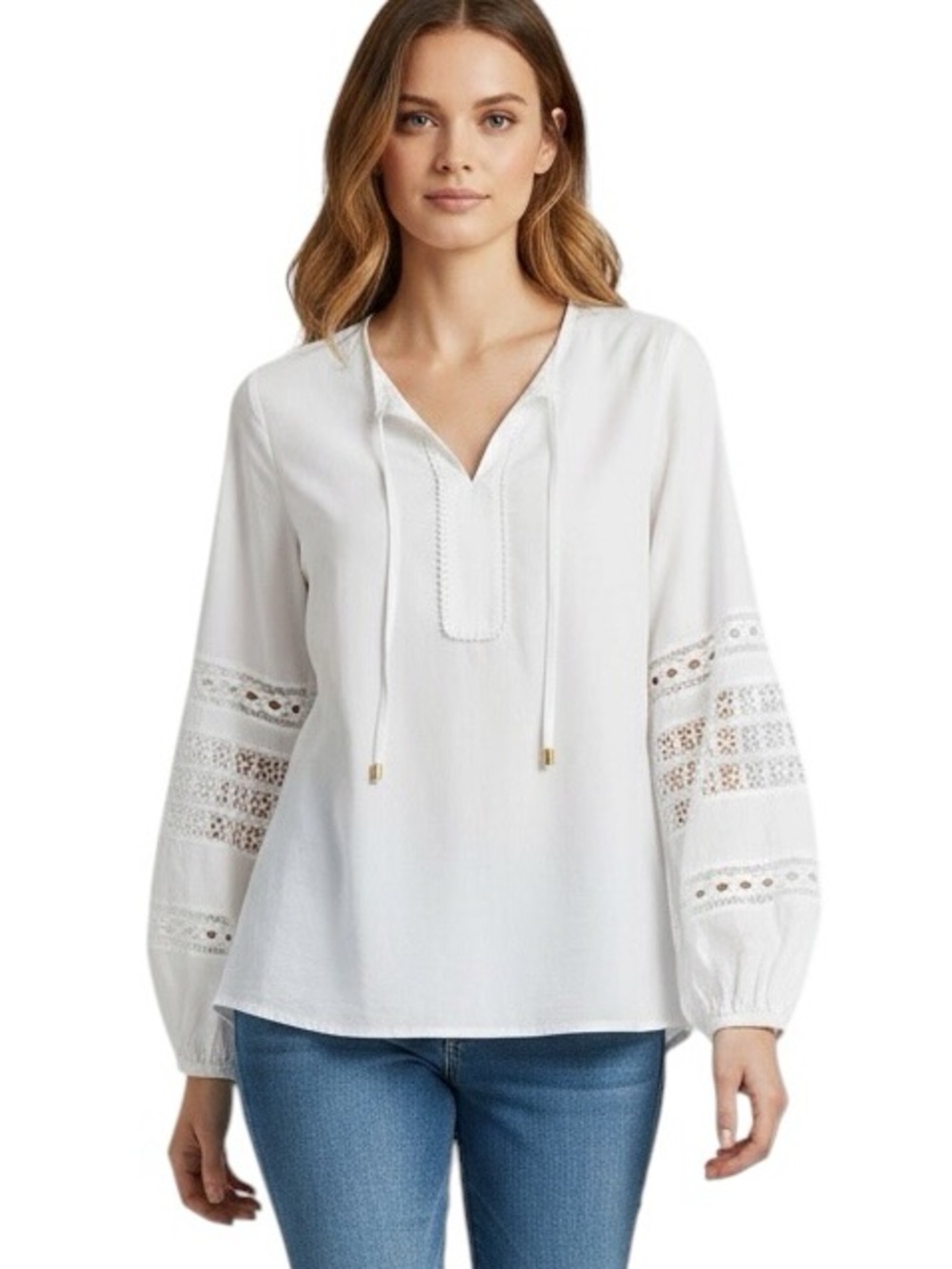 NWT Soft Surroundings Cream Cotton Tie-Neck Blouse W/ Pom-Pom Trim & Lace Sz. L